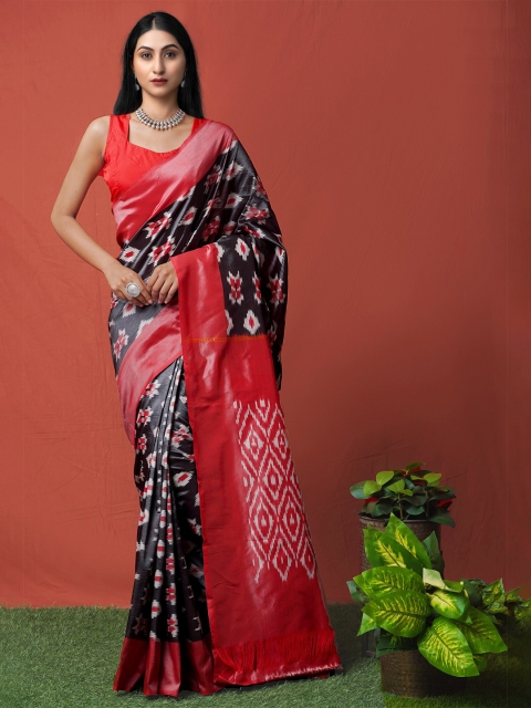 

Unnati Silks Black & Red Silk Cotton Pochampally Saree