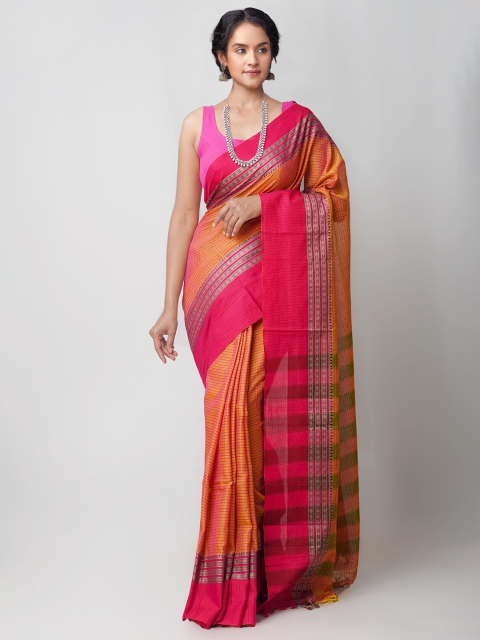 

Unnati Silks Orange & Gold-Toned Woven Design Pure Cotton Chettinad Saree