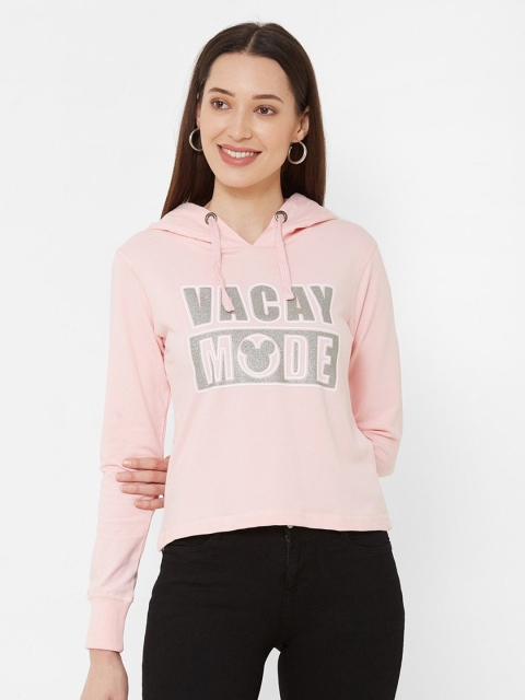 

Kraus Jeans Women Pink Typography Printed Hooded Pure Cotton T-shirt