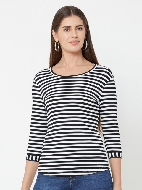 

Kraus Jeans Women Black & White Striped Drop-Shoulder Sleeves T-shirt