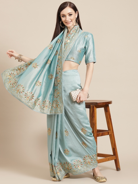 

SERONA FABRICS Blue & Beige Ethnic Motifs Embroidered Silk Blend Saree