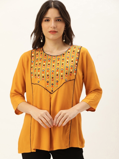 

SWAGG INDIA Mustard Yellow & Black Geometric Thread Work & Mirror Embroidered Top