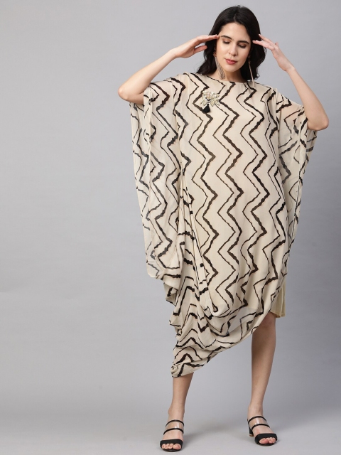 

FASHOR Cream-Coloured & Black Chevron Printed Cowl Draped Georgette Maxi Dress