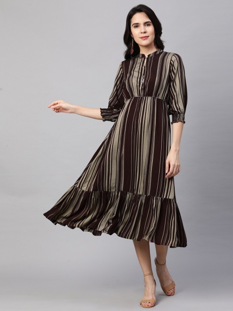 

FASHOR Coffee Brown Striped Bishop Sleeves Ethnic Mini Dress