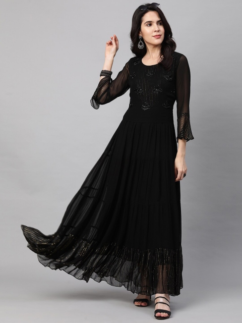 

FASHOR Black Embellished Georgette Maxi Dress