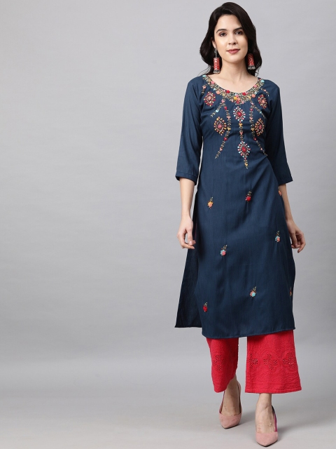 

FASHOR Women Blue Tribal Yoke Design Mirror Work Kurta