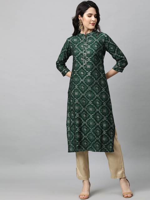 

FASHOR Women Green Foil Print Bandhani Silk Kurta