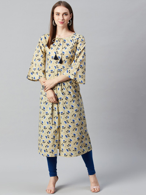 

anayna Women Beige Printed Keyhole Neck Flared Sleeves Floral Kurta
