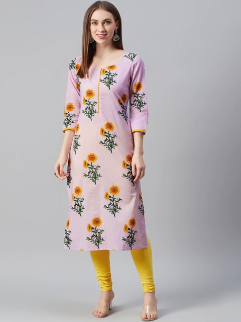 

anayna Women Purple & Yellow Floral Printed Pure Cotton Kurta