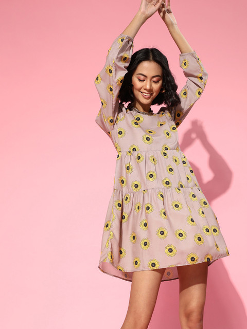 

SASSAFRAS Women Beige & Yellow Floral Printed A-Line Dress