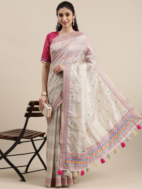 

Kvsfab Grey & Blue Checked Kutchi Embroidery Tasseled Saree
