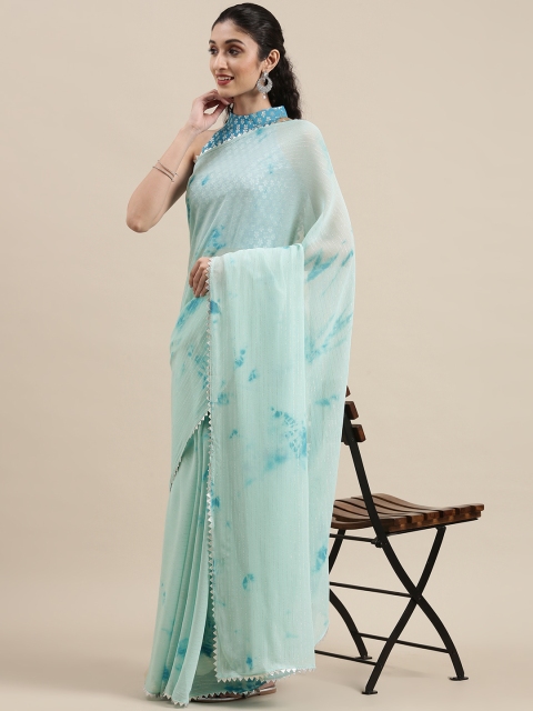 

Kvsfab Sky Blue Shibori Print Gotta Patti Pure Georgette Fusion Saree with Striped Detail