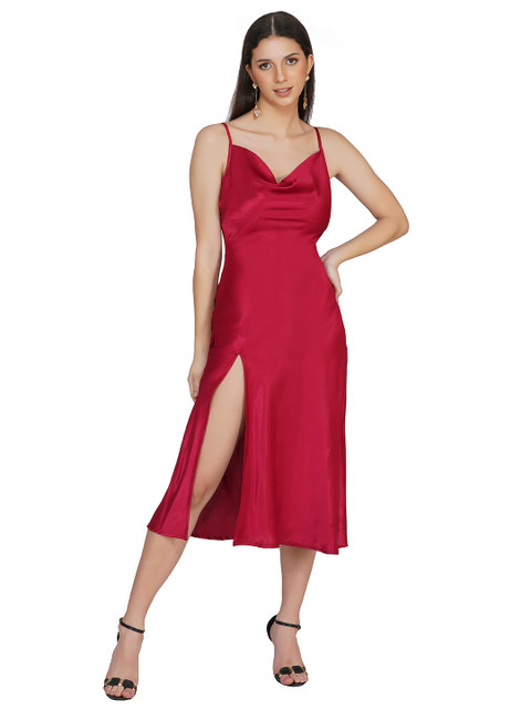 

THE CLOTHING FACTORY Red Satin Shoulder Strap A-Line Midi Dress