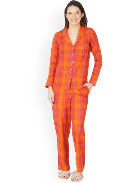 

THE CLOTHING FACTORY Women Coral Pink & Orange Checked Night Suit