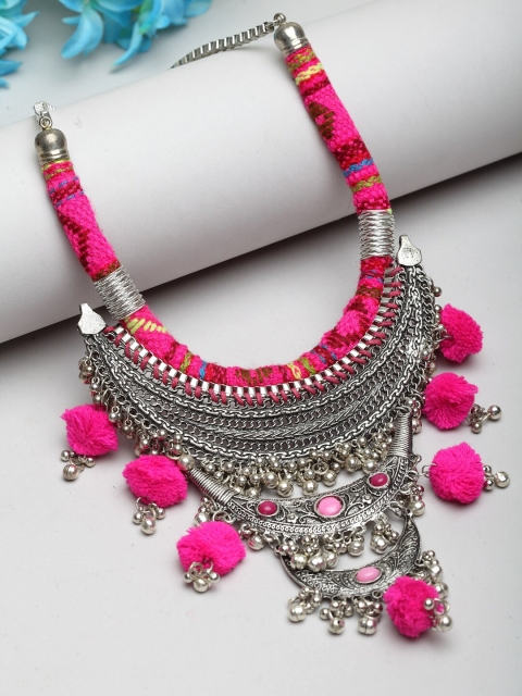 

Moedbuille Pink & Silver-Toned Brass Silver-Plated Afghan Pom-Pom Necklace