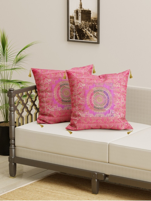 

Gulaab Jaipur Set of 2 Pink & Gold-Toned Ethnic Motifs Brocade Square Cushion Covers