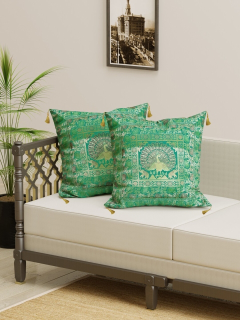 

Gulaab Jaipur Green & Gold-Toned Set of 2 Ethnic Motifs Square Cushion Covers