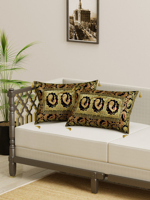

Gulaab Jaipur Set Of 2 Black & Gold-Toned Ethnic Motifs Brocade Rectangle Cushion Covers