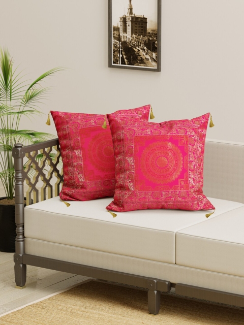 

Gulaab Jaipur Red & Gold-Toned Set of 2 Ethnic Motifs Square Cushion Covers