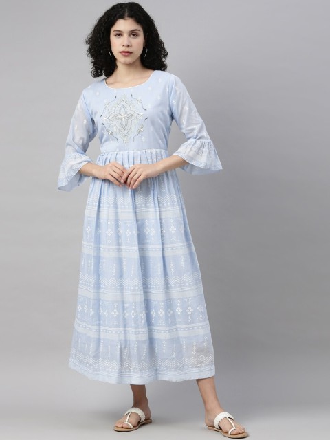 

GOLDSTROMS Women Blue Ethnic Motifs Printed Flared Sleeves Thread Work Kurta