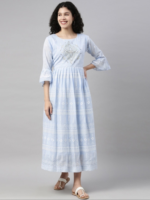 

GOLDSTROMS Women Blue Ethnic Motifs Printed Flared Sleeves Thread Work Kurta