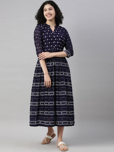 

GOLDSTROMS Navy Blue Ethnic A-Line Mul Cotton Midi Dress
