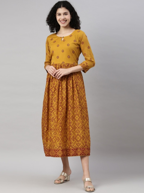 

GOLDSTROMS Women Mustard Yellow Geometric Embellished Keyhole Neck Kurta