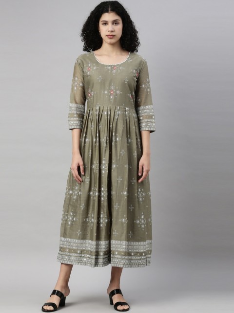 

GOLDSTROMS Women Green & smoke Ethnic Motifs Printed Anarkali Kurta