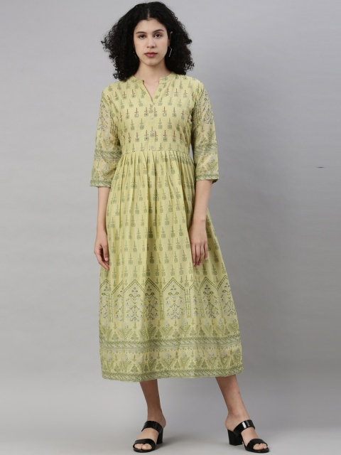 

GOLDSTROMS Women Green & gravel Ethnic Motifs Printed Thread Work Anarkali Kurta