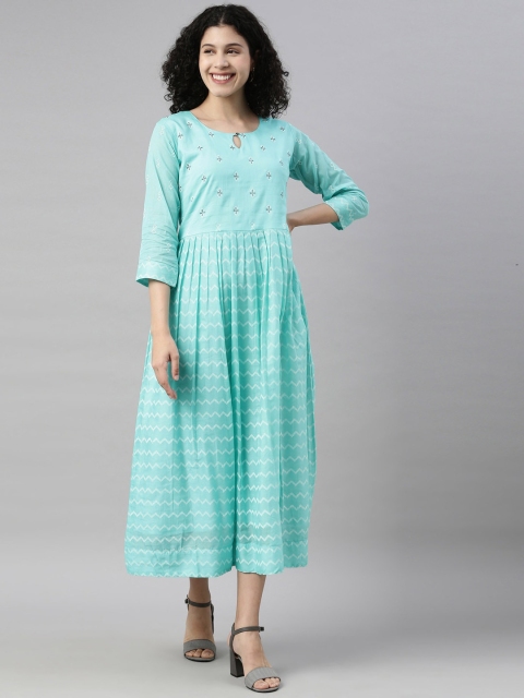 

GOLDSTROMS Women Blue Geometric Keyhole Neck Thread Work Kurta