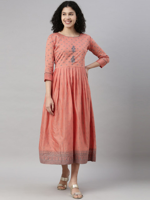

GOLDSTROMS Peach-Coloured & Grey Ethnic Motifs Mal Cotton Ethnic Midi Dress