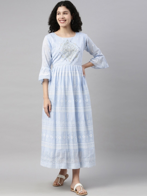 

GOLDSTROMS Women Blue Ethnic Motifs Printed Flared Sleeves Thread Work Kurta