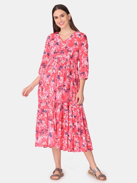 

The Mom Store Pink Floral Maternity A-Line Midi Dress