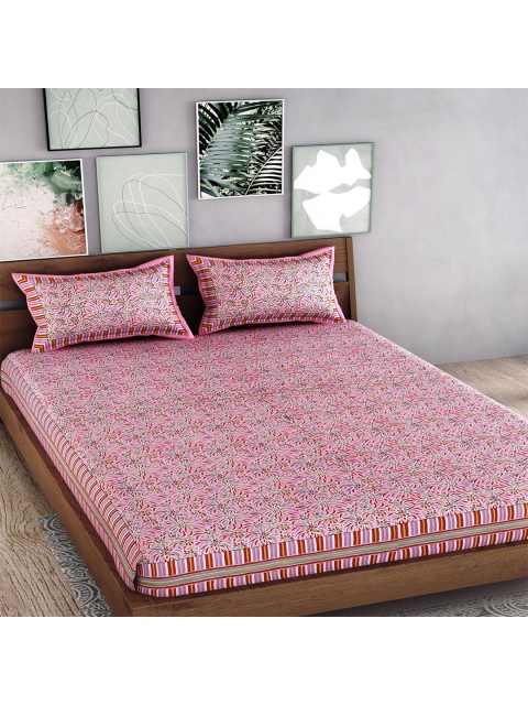 

Palakh Peach-Coloured & Green Floral 240 TC King Bedsheet with 2 Pillow Covers