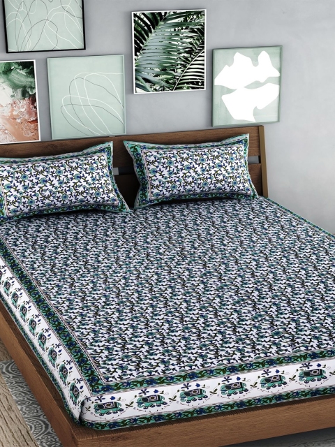 

Palakh Teal & White Floral 240 TC King Bedsheet with 2 Pillow Covers