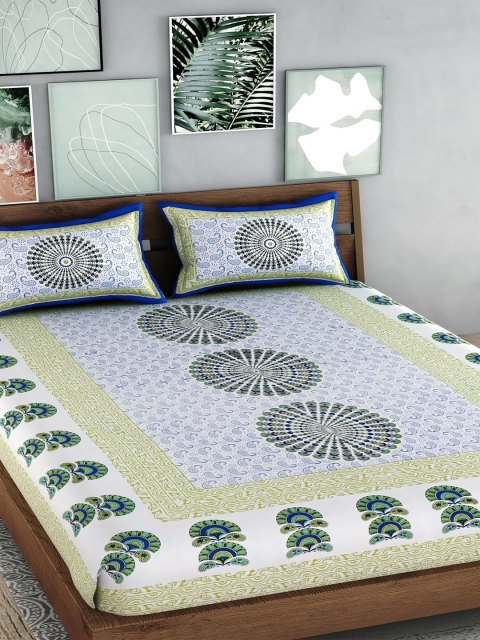 

Palakh Green & Blue Ethnic Motifs King Bedsheet with 2 Pillow Covers