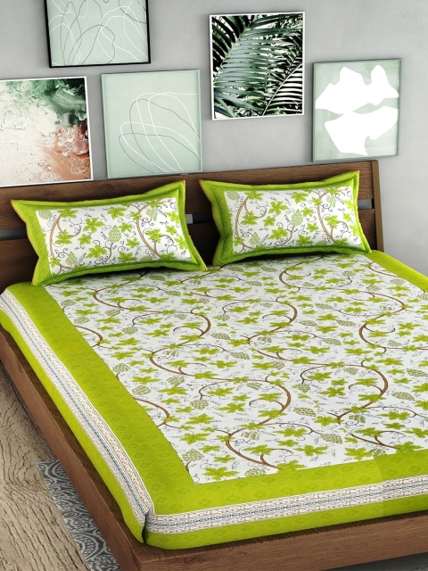

Palakh Green & White Floral King Bedsheet with 2 Pillow Covers