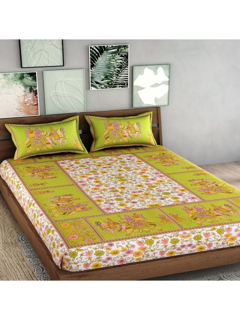 

Palakh Green & Orange Ethnic Motifs Pure Cotton King Bedsheet with 2 Pillow Covers
