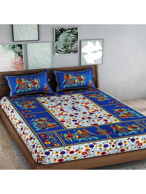 

Palakh Blue & White Conversational 240 TC King Bedsheet with 2 Pillow Covers