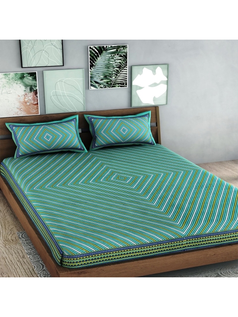 

Palakh Green & White Striped Pure Cotton King Bedsheet with 2 Pillow Covers