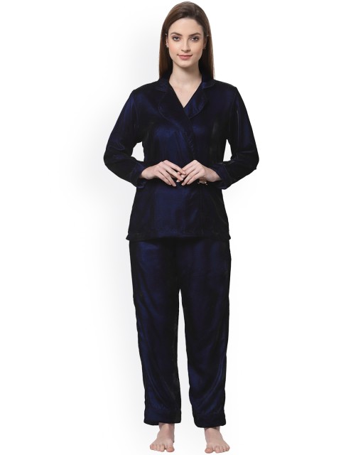 

MAXENCE Women Navy Blue Luxurious Velvet Night suit