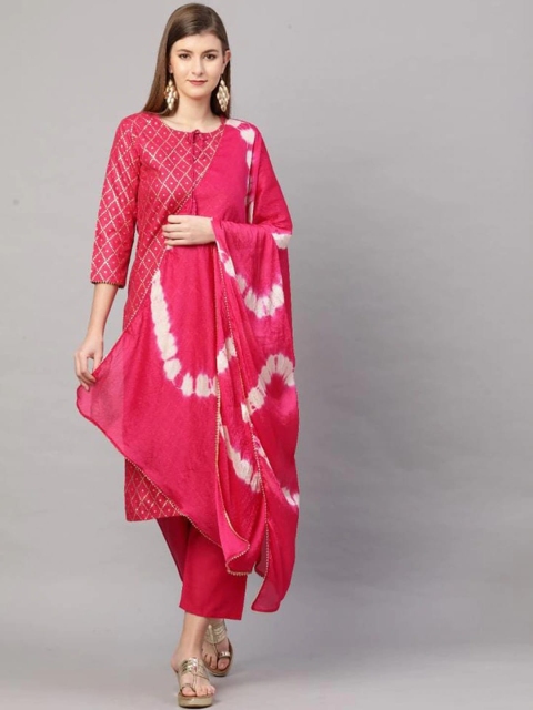 

GoSriKi Women Pink Printed Kurta with Trousers & With Dupatta
