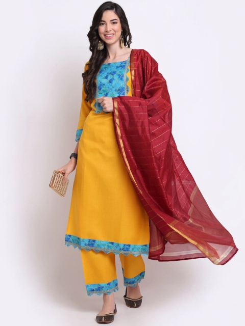 

GoSriKi Women Yellow Floral Embroidered Panelled Kurta with Palazzos & With Dupatta