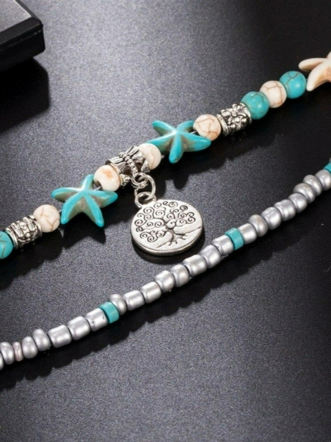 

EL REGALO Silver-Toned & Blue Beaded Anklet