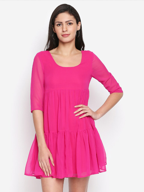 

aaliya Pink Georgette Mini Tiered Dress With Gathers
