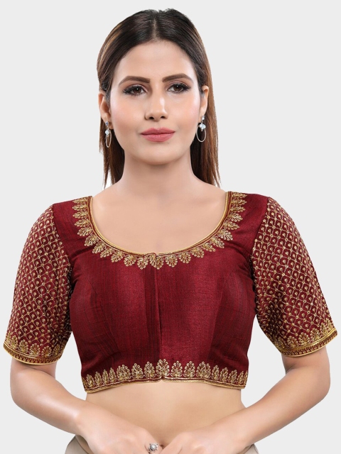 

SALWAR STUDIO Women Maroon Embroidered Readymade Saree Blouse