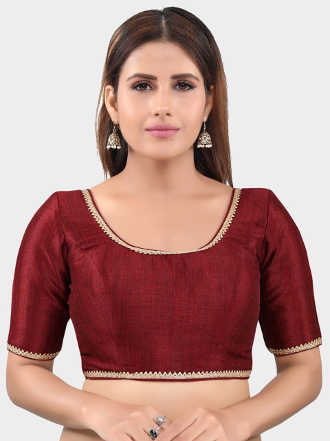 

SALWAR STUDIO Women Maroon & Beige Solid Mulbury Silk Readymade Saree Blouse