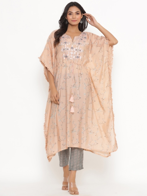 

DIVYANK Women Peach-Coloured Floral Embroidered Kurta with Trousers