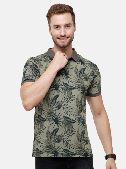 

Swiss Club Men Green Floral Printed Polo Collar Tropical Pure Cotton Slim Fit T-shirt