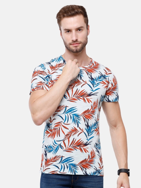 

Swiss Club Men White & Blue Floral Printed Tropical Pure Cotton Slim Fit T-shirt